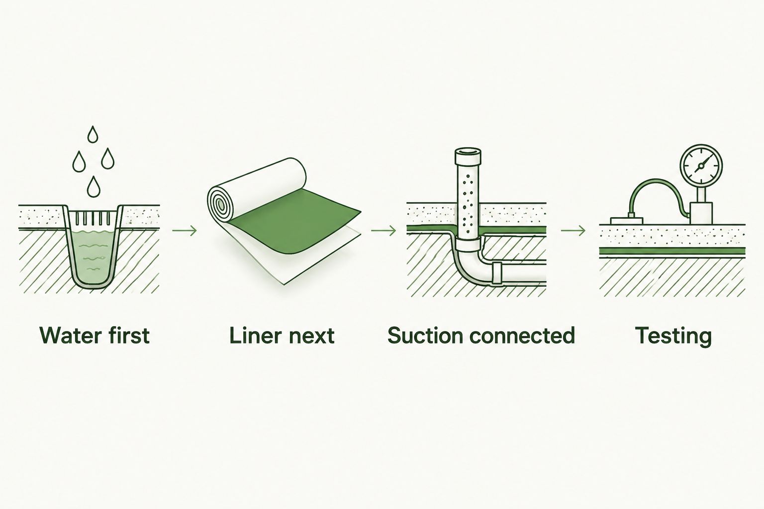 Four stages connecting drainage, the crawl space liner, radon suction, and final testing