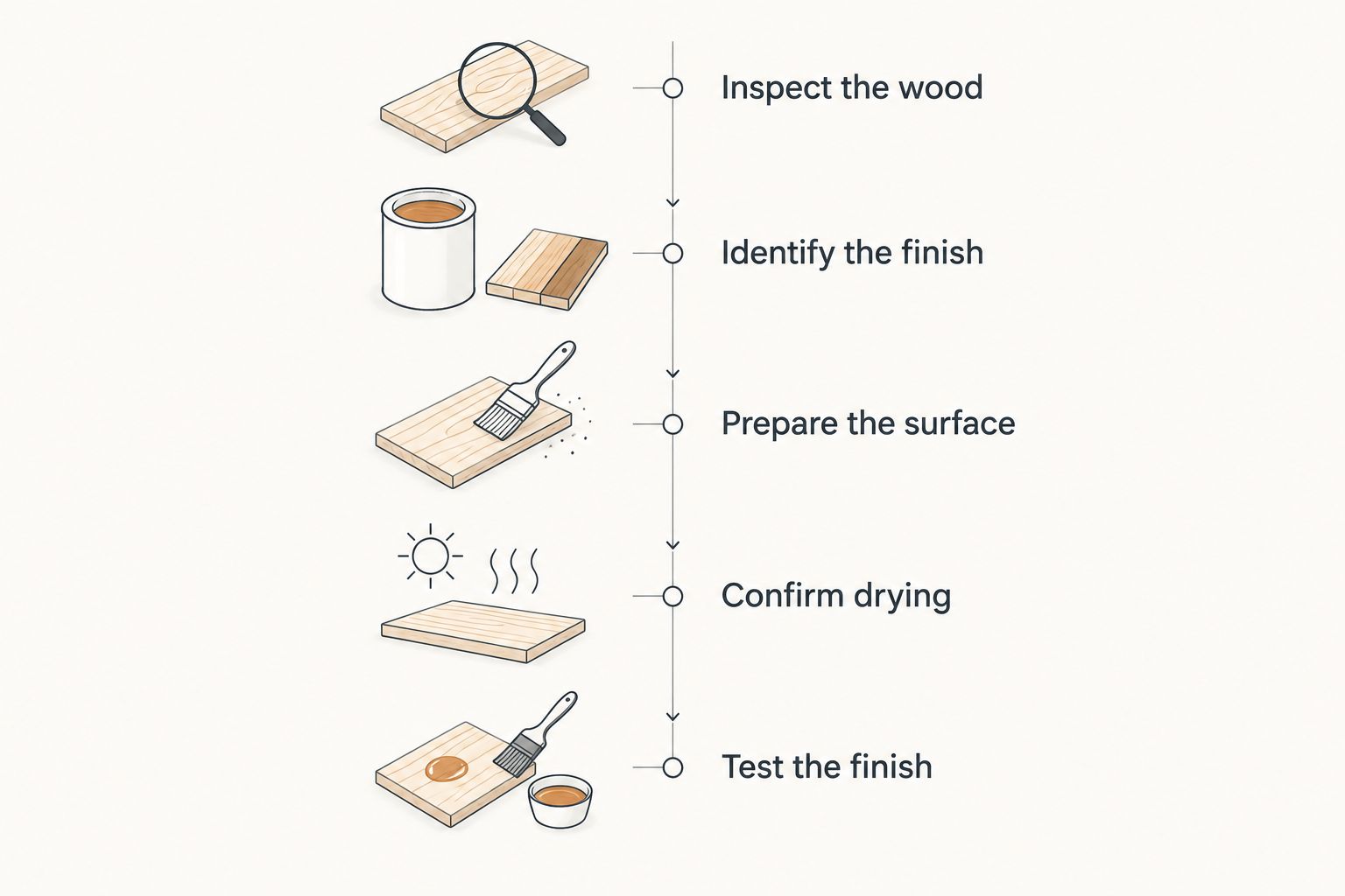 Deck staining preparation sequence from inspecting wood to testing the finish