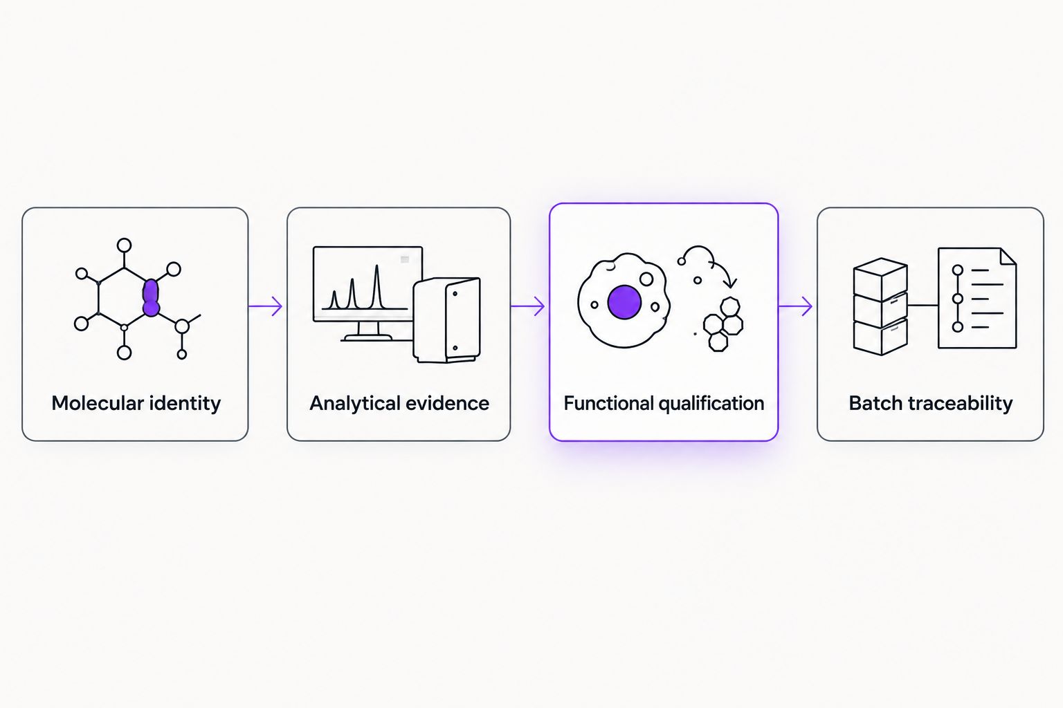 Qualification workflow connecting identity, analytical evidence, function, and batch traceability