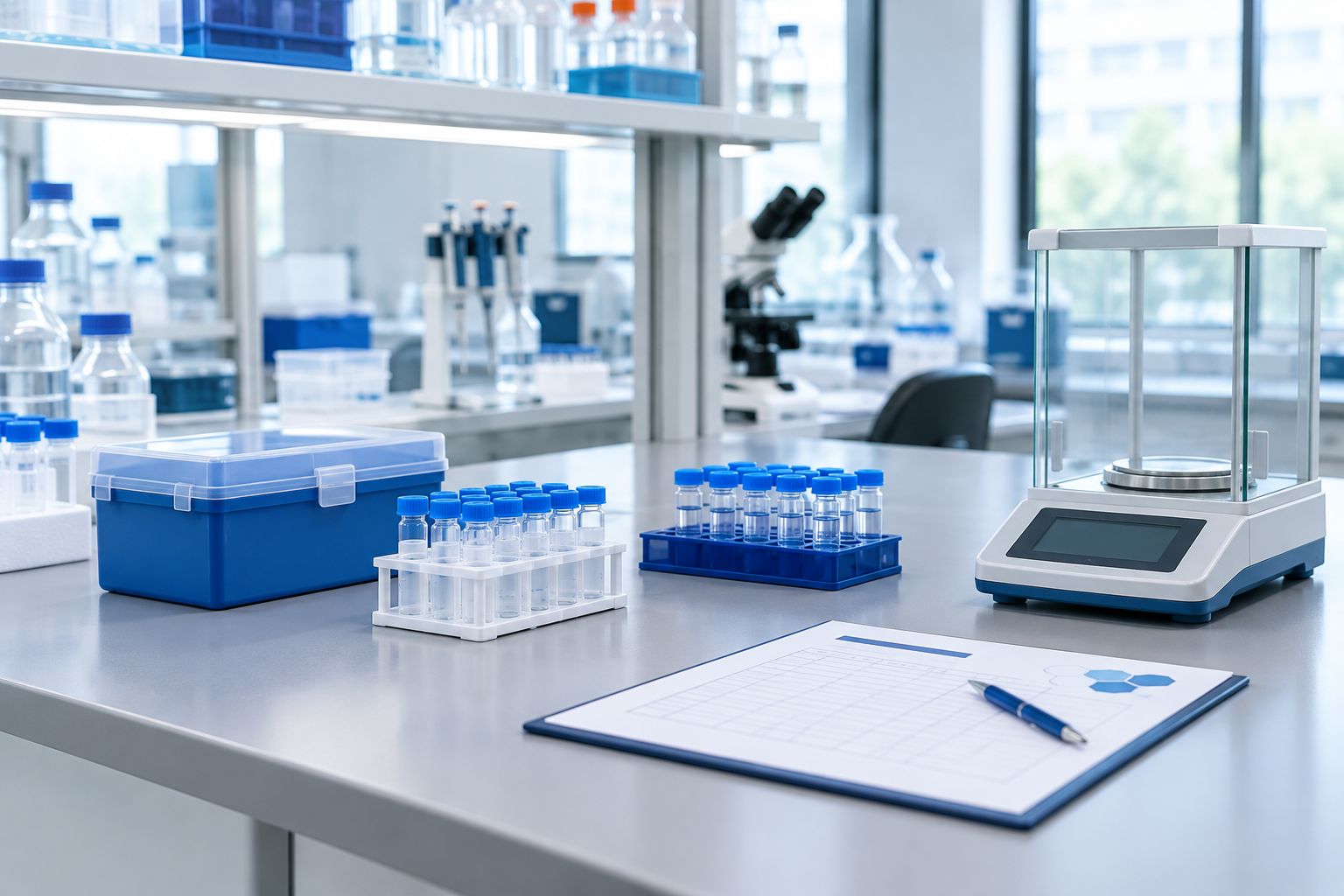Research sample vials beside storage materials and a laboratory record