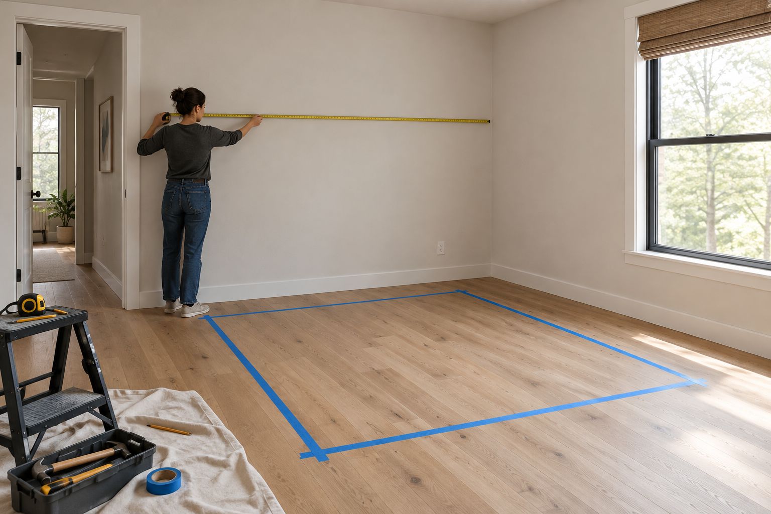 Measuring a bedroom with a taped bed footprint and a visible doorway