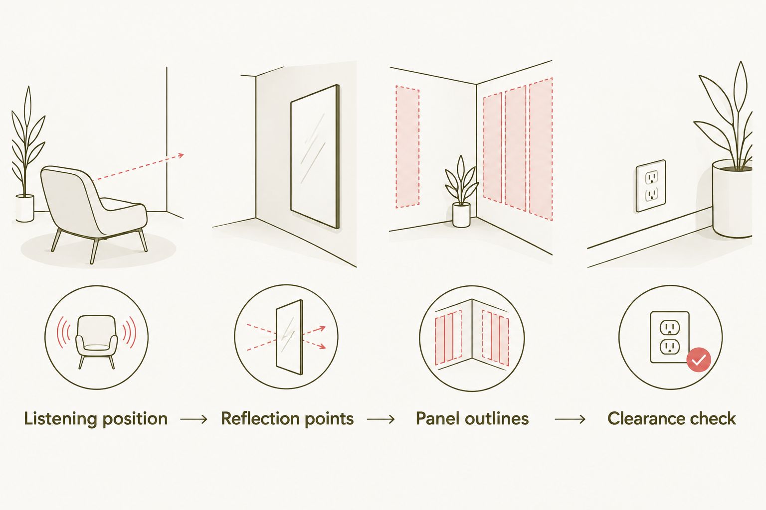 Sequence for marking reflection points, outlining panels, and checking wall clearances
