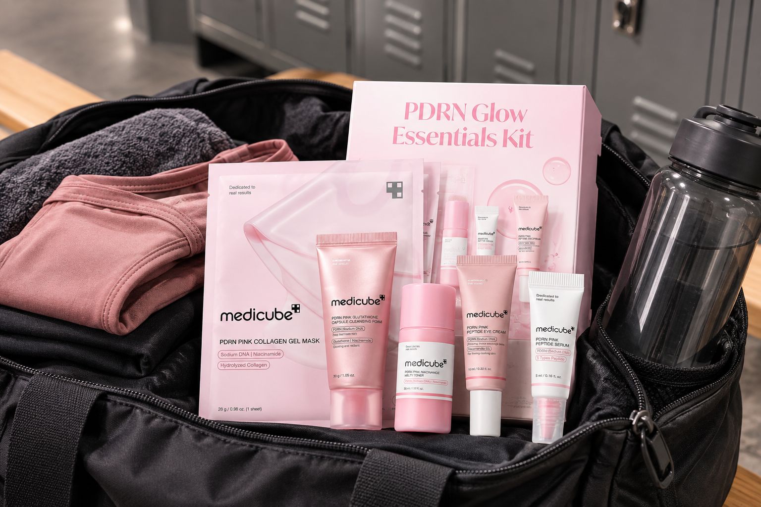 Mini Korean skincare travel kit packed in a gym bag