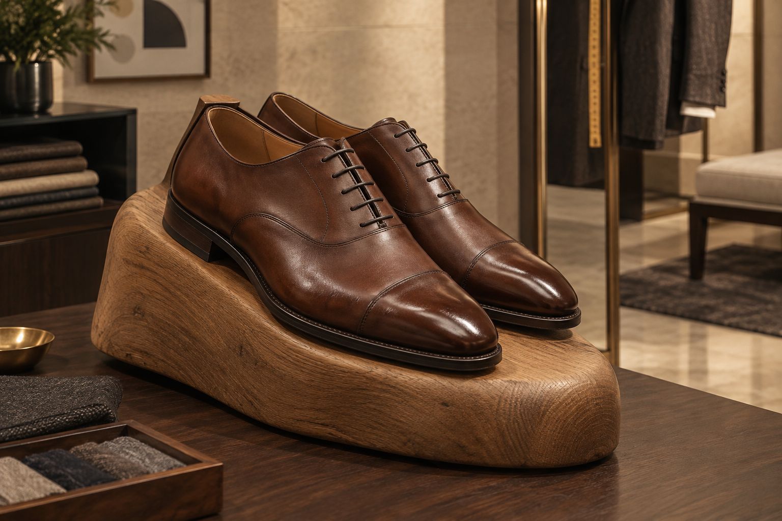 Leather oxford dress shoe on a wide last showing a rounded toe box