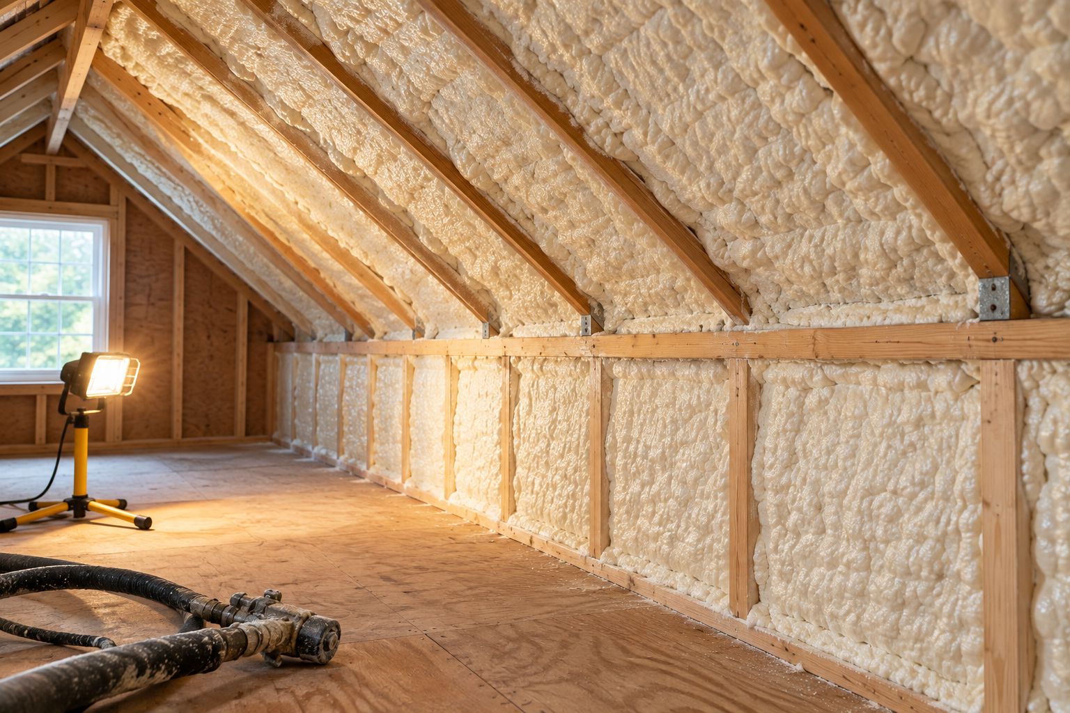 Knee-wall attic space with spray foam applied to the roof rafters