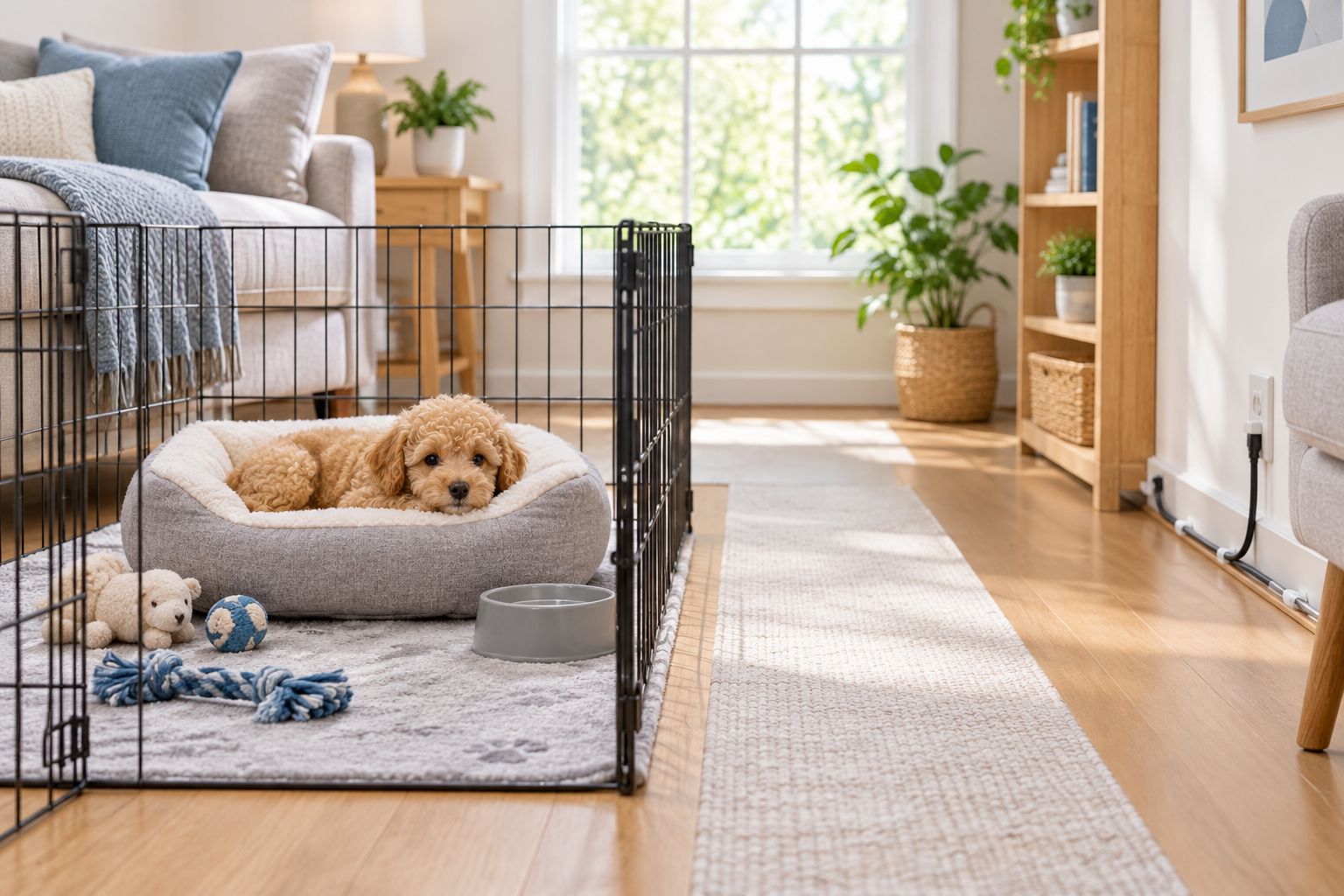 A puppy resting area beside a clear, uncluttered living-room walkway