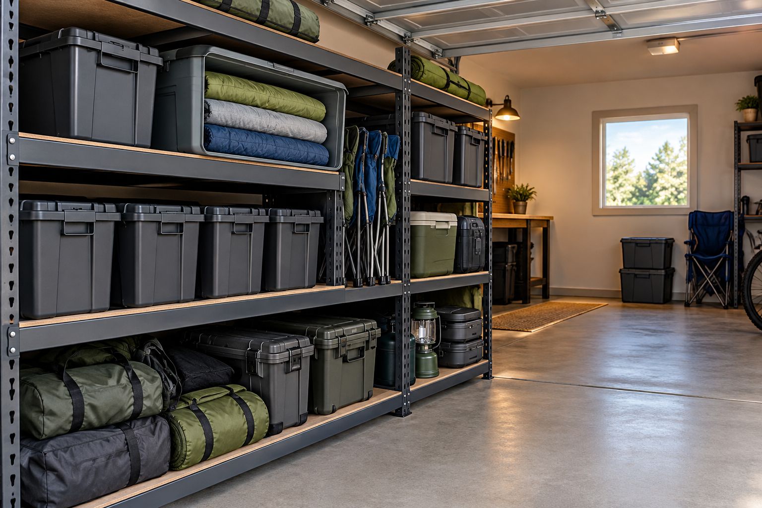 Garage shelves separating camping equipment, utility totes, and clean bedding beside a clear walkway