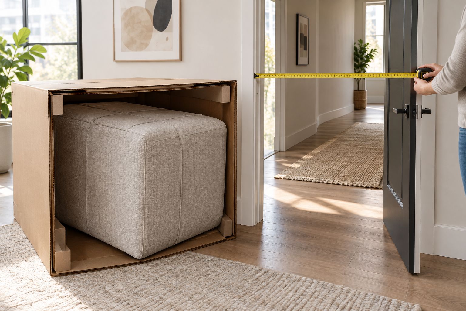 Checking a doorway and hallway route before bringing a packaged sofa module inside