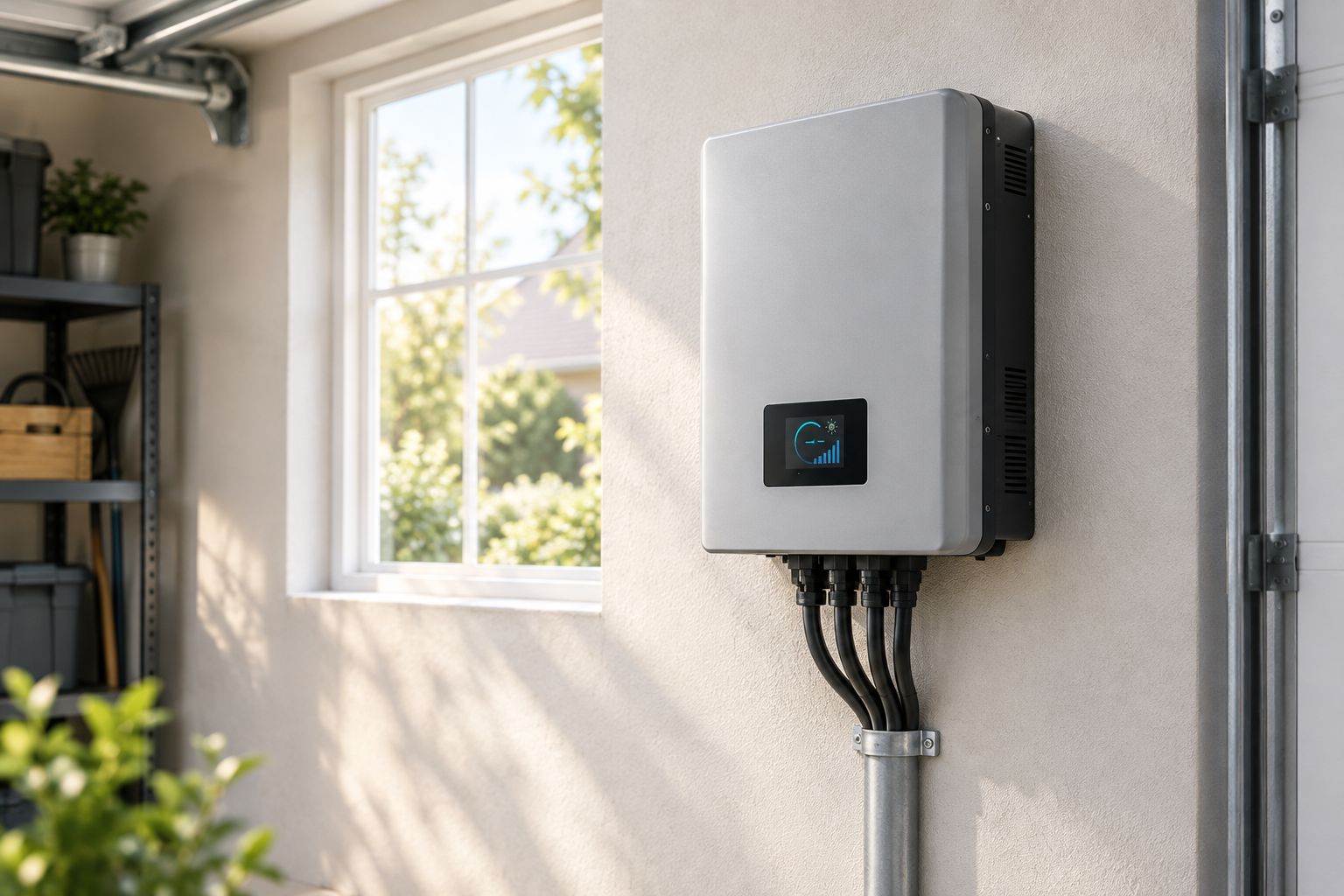 Solar inverter mounted on a garage wall with cabling running into a conduit