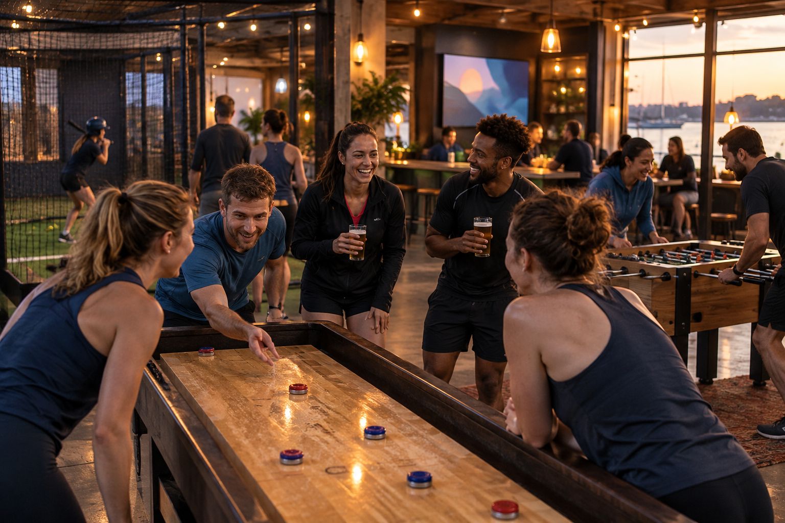Group playing batting cage and shuffleboard games together indoors at an activity bar