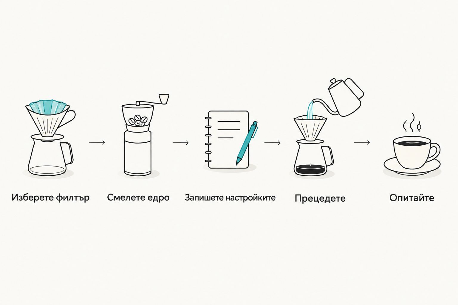Последователни стъпки за смилане, приготвяне и прецеждане на cold brew