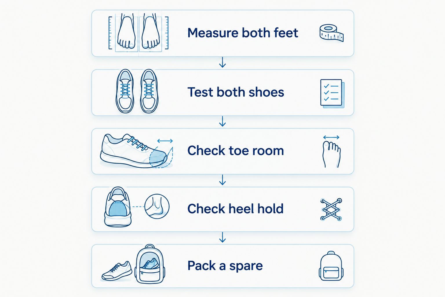Five checks for event shoes: measure feet, test shoes, check toe room and heel hold, and pack a spare.