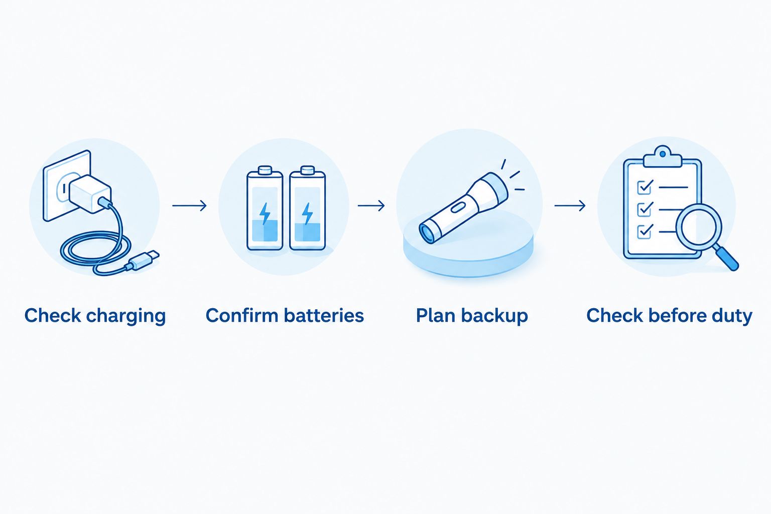 Four checks covering charging, battery compatibility, backup light and operation before duty