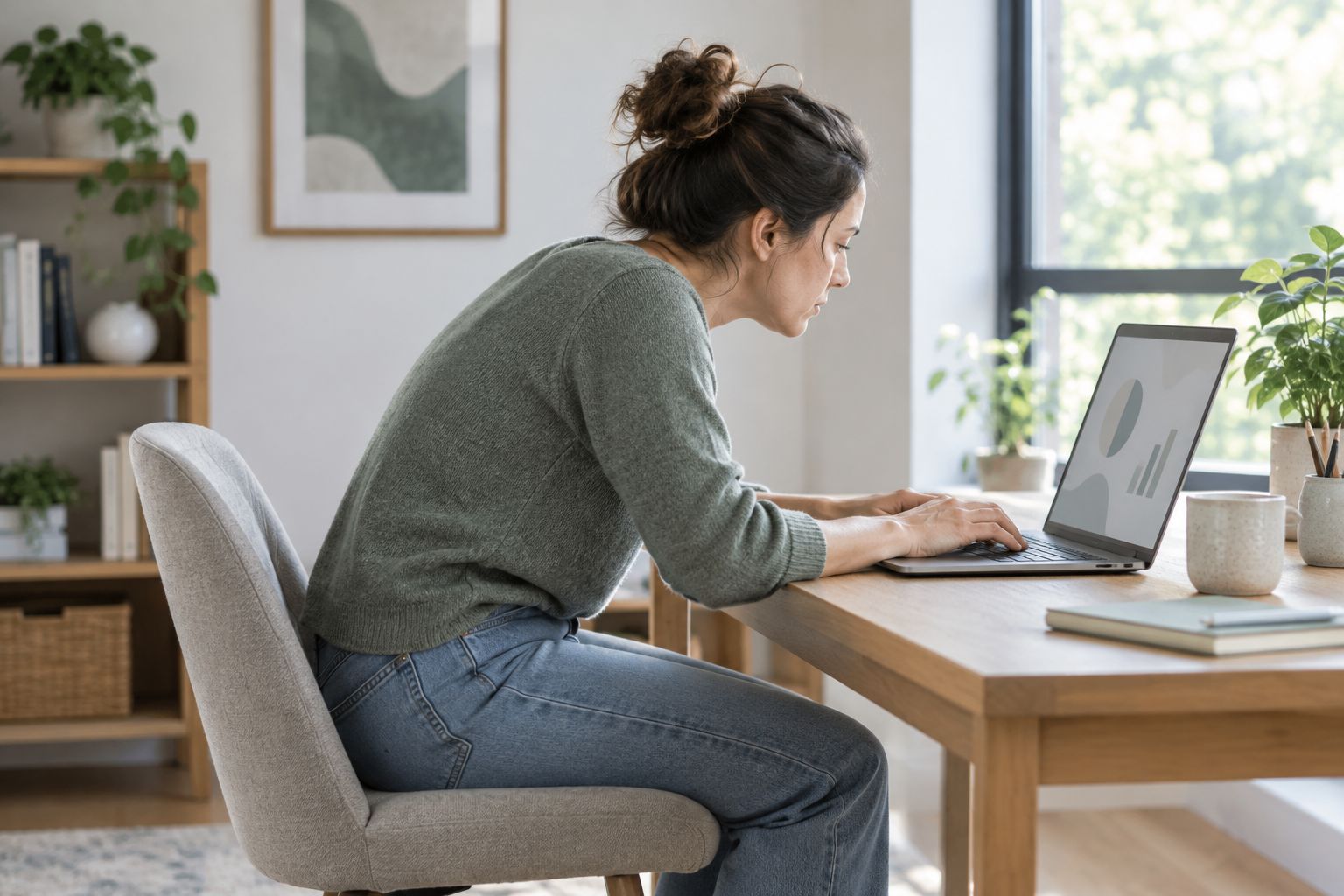 Person slouched at a desk showing poor sitting posture that builds back stiffness