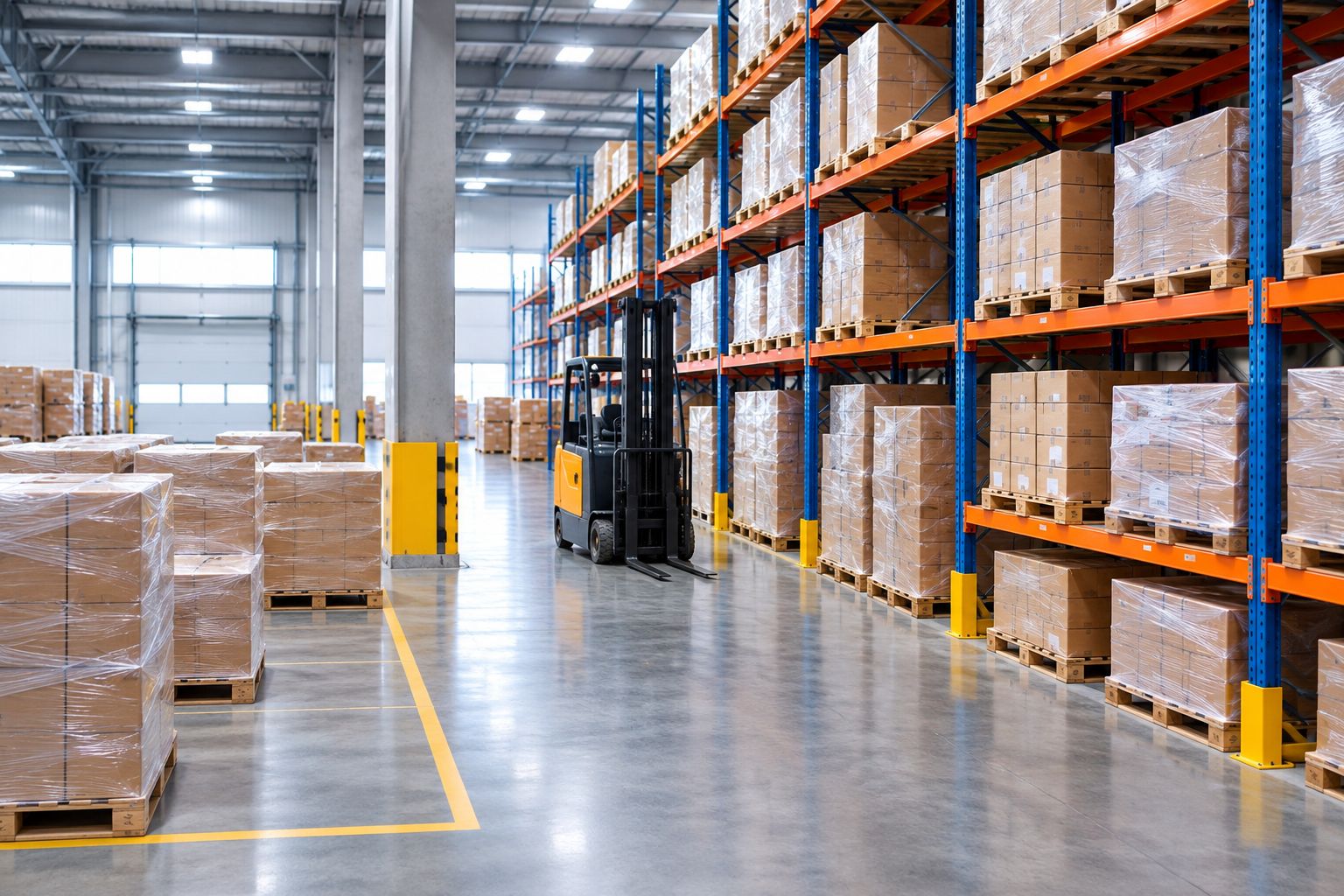 Pallet storage beside a clear handling aisle and separate freight staging area