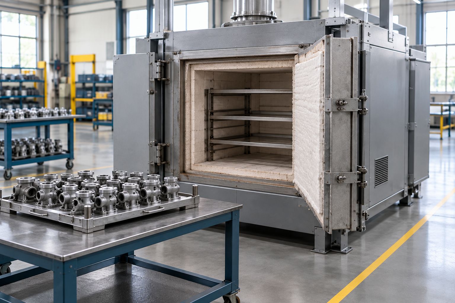 Cold casting fixture beside an open oven with a clear handling aisle and landing surface