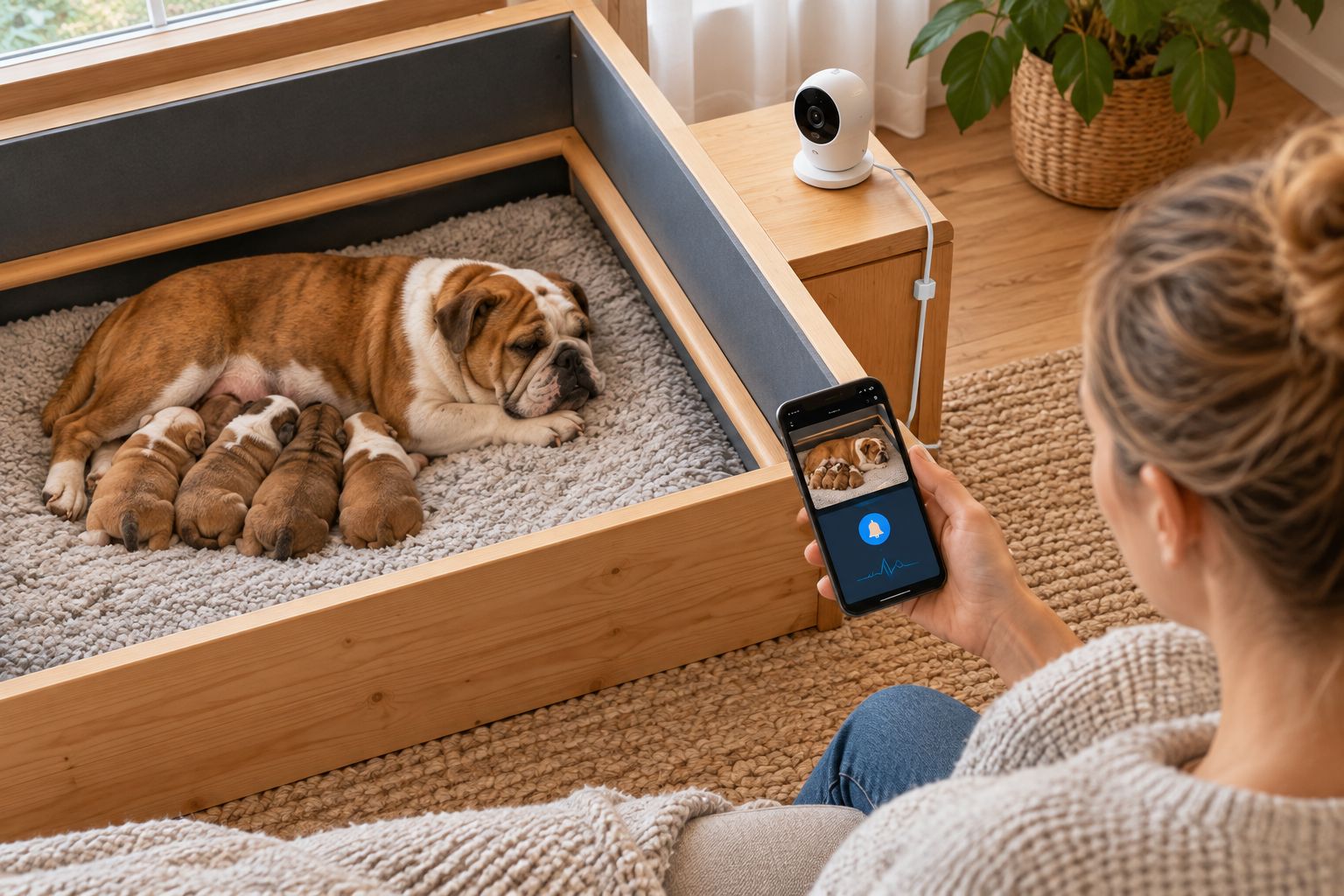 Camera positioned outside a bulldog whelping box with a clear view of the resting area