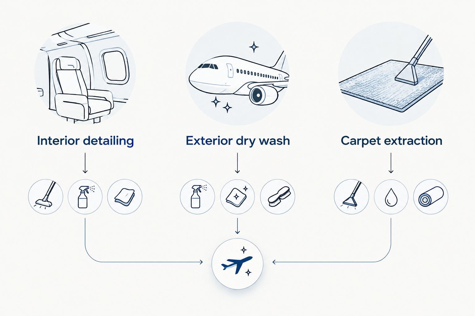 Three aircraft cleaning scopes: interior detailing, exterior dry wash, and carpet extraction