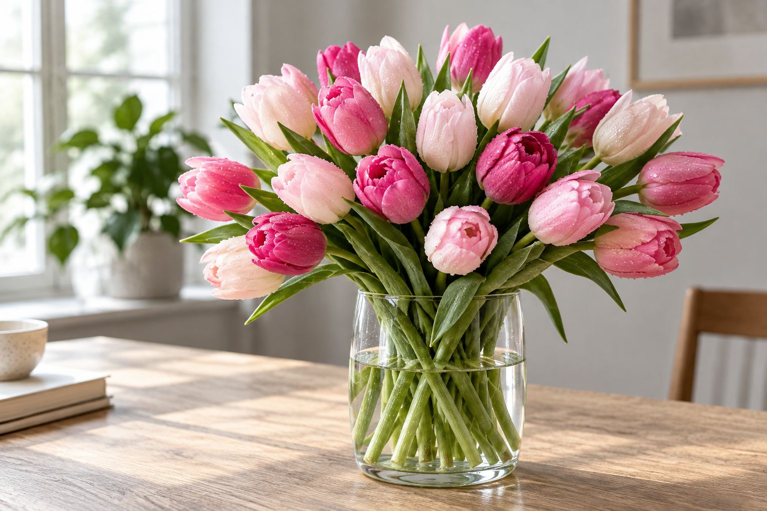 Related pink tulip shades arranged in a clear vase with visible stems.