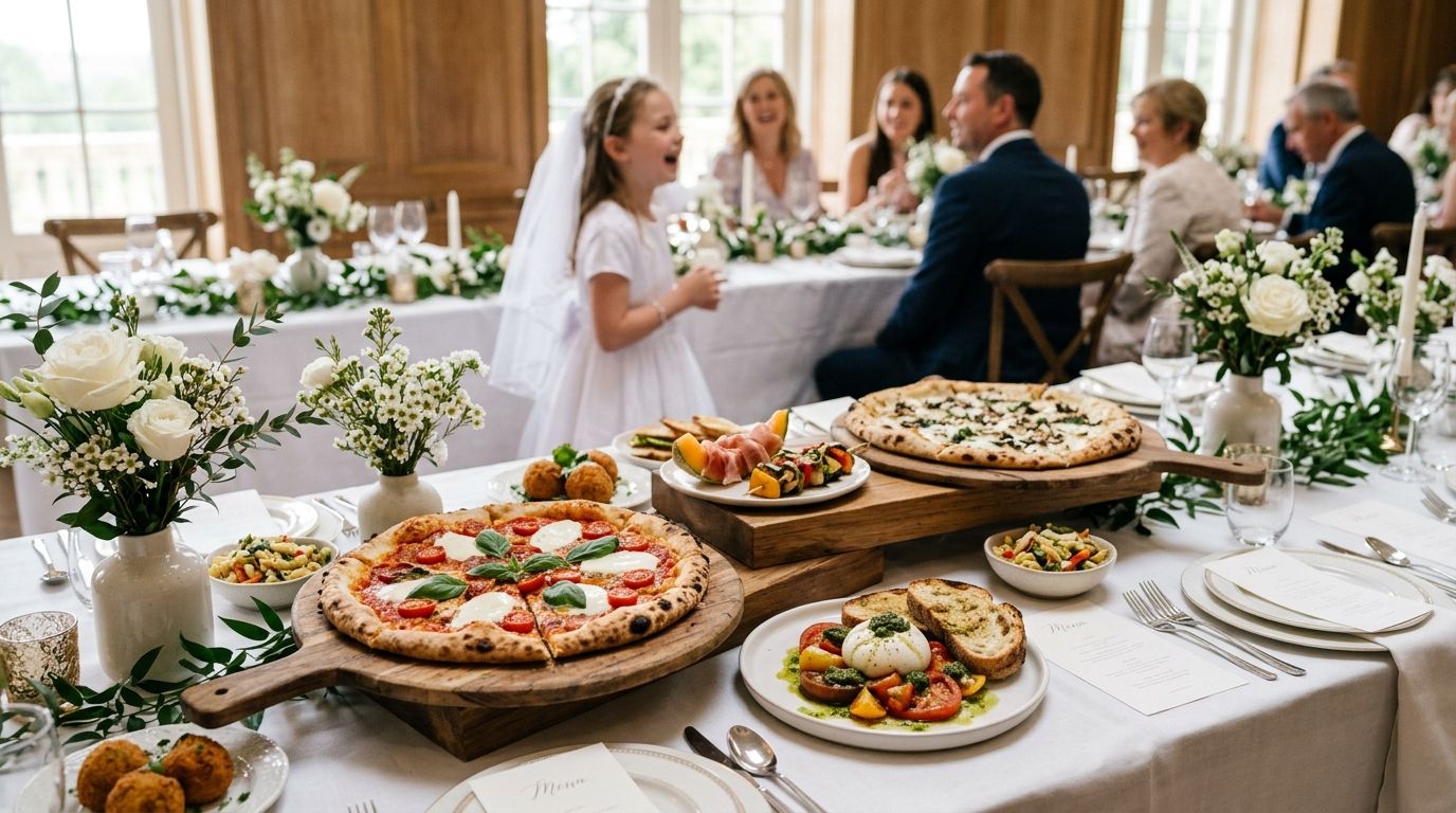 Pizza and small plates for a first communion celebration