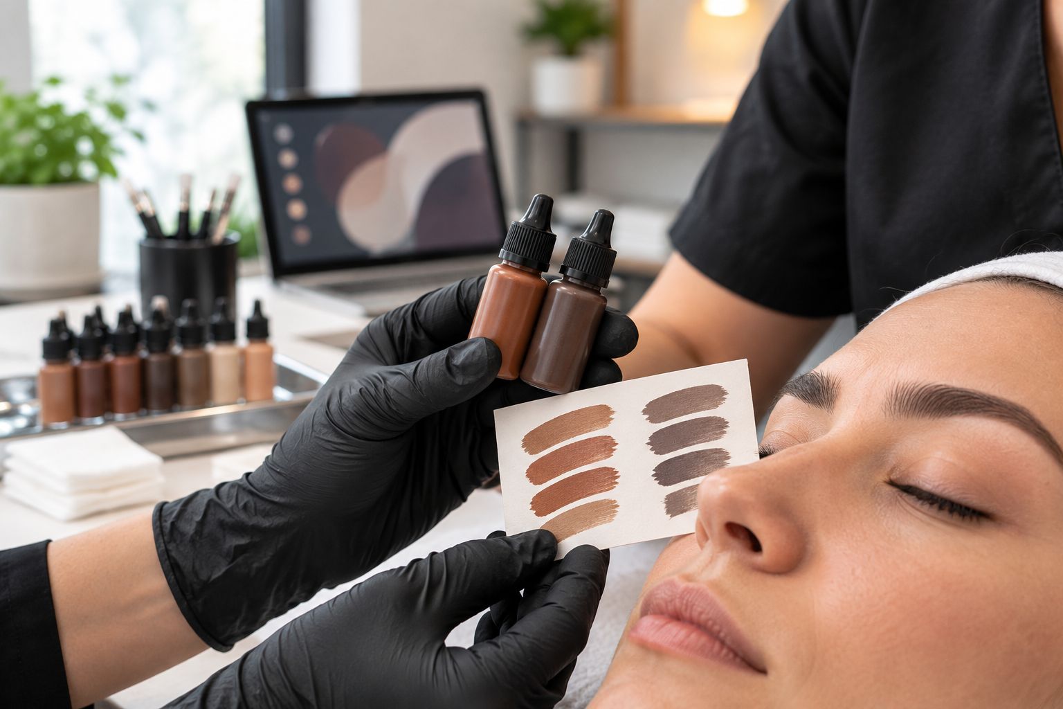 Esthetician comparing pigment shade swatches against a client's brow skin tone