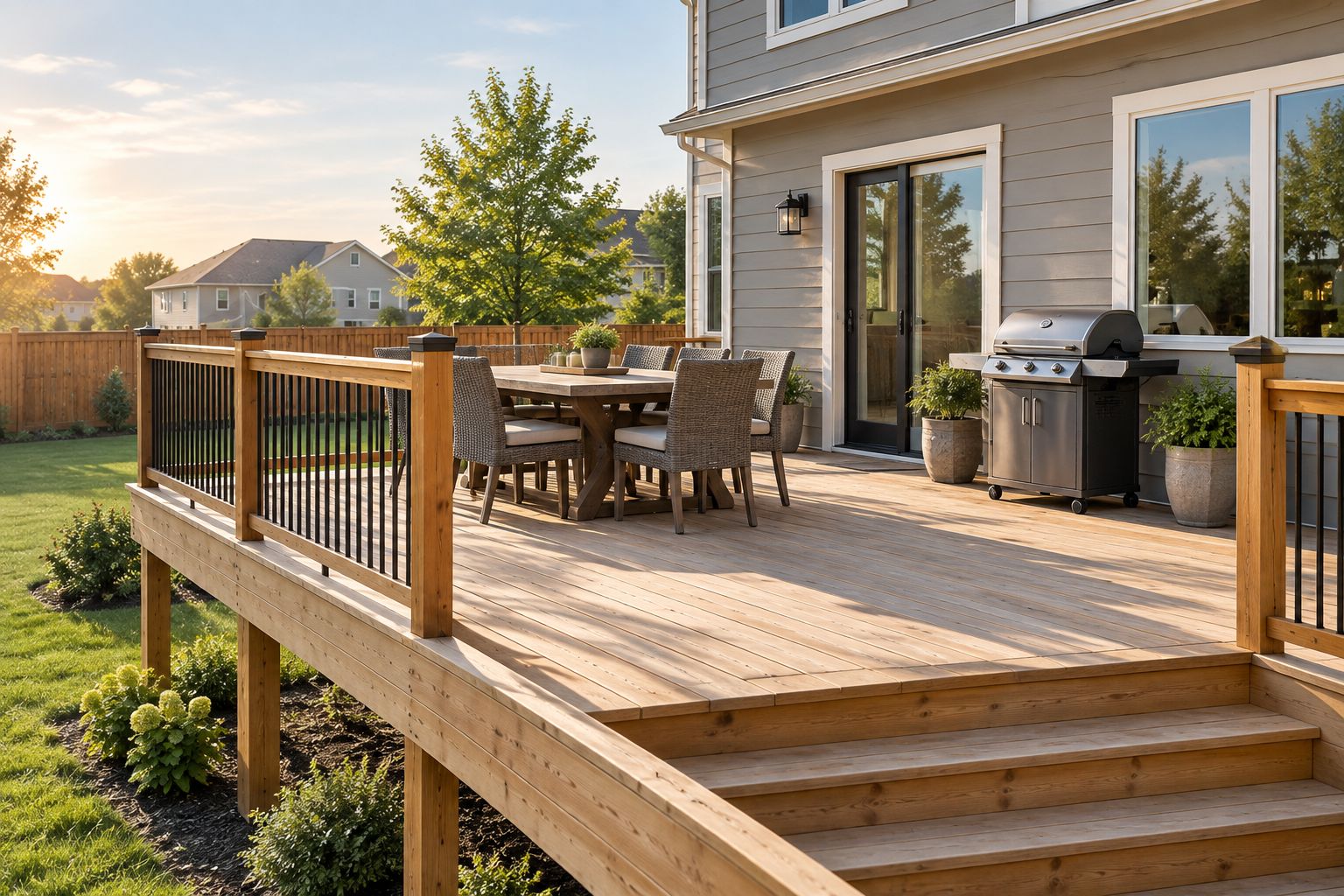 Backyard deck attached to a house with a dining table near the kitchen door
