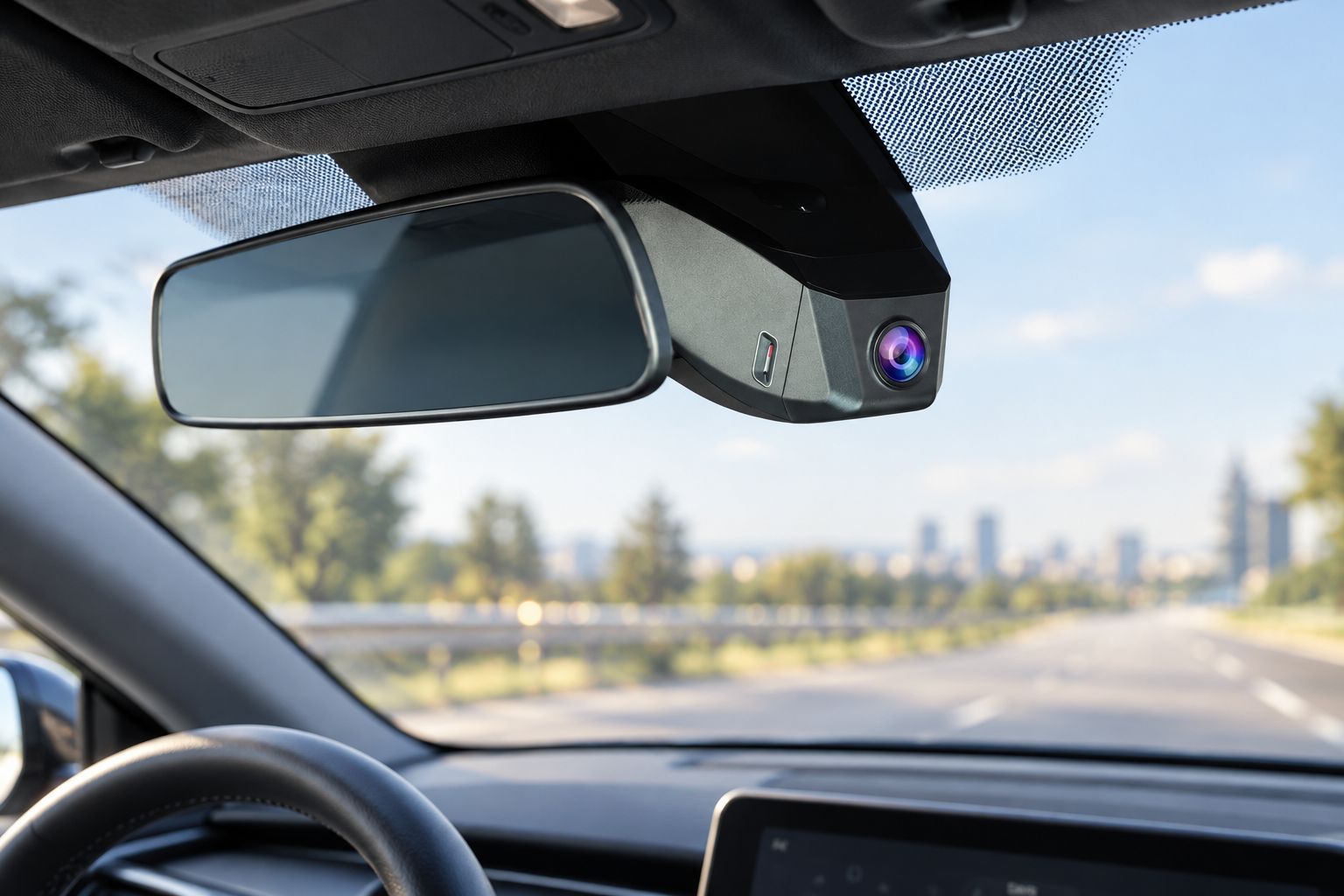 FitCamX dashcam monteret bag bakspejlet i en elbil