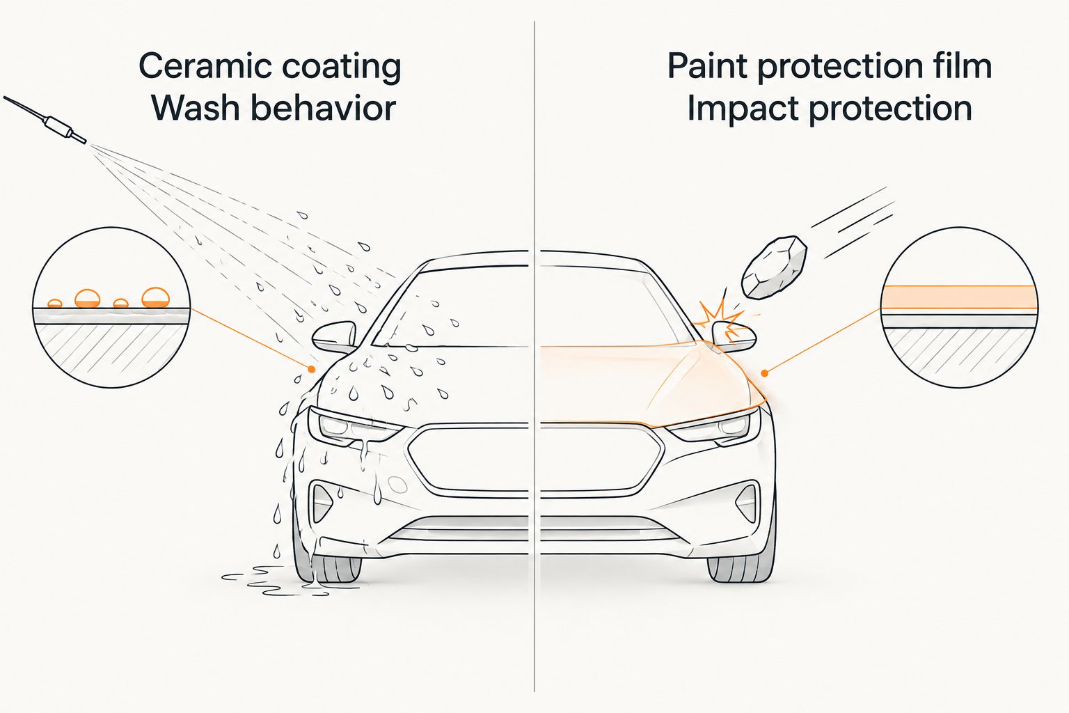 Two-column comparison of ceramic coating for wash behavior and paint protection film for impact protection