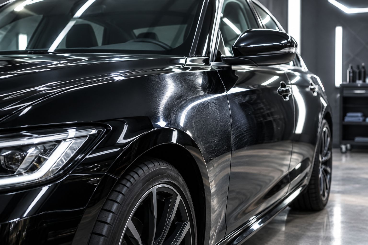 Inspection lighting reveals circular wash marks in black car paint