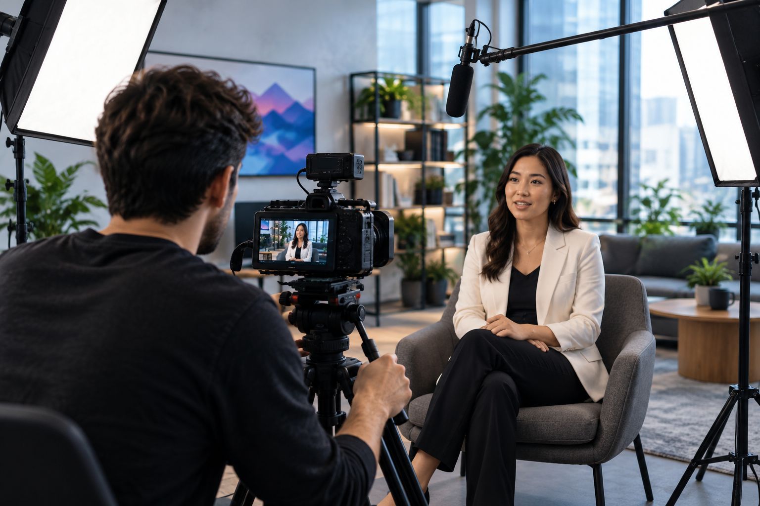 Video production crew filming a corporate testimonial interview in an office