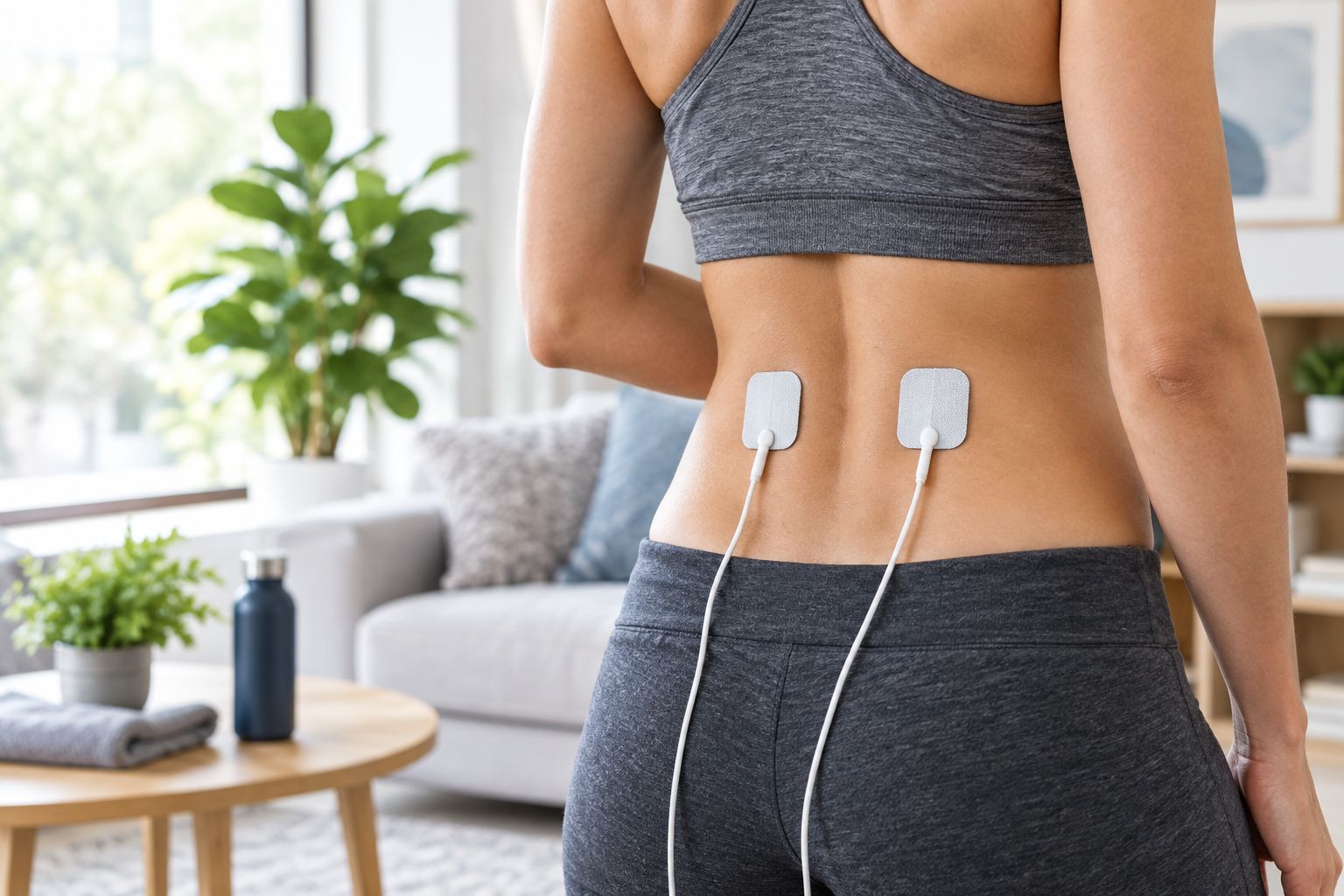 Electrode pads placed on the lower back for TENS use