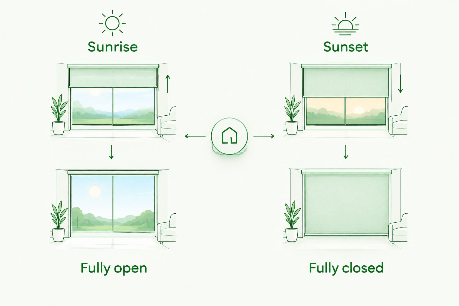 Separate sunrise opening and sunset closing automations for a shade