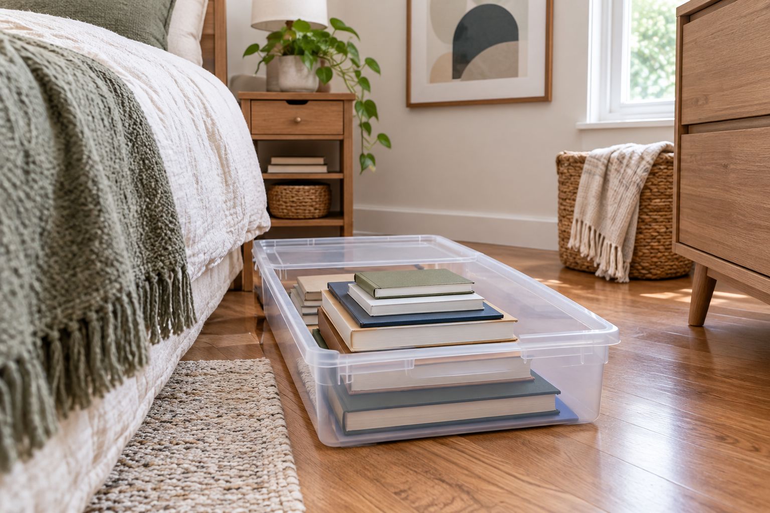 Shallow book container pulled out from beneath a bed into a clear aisle