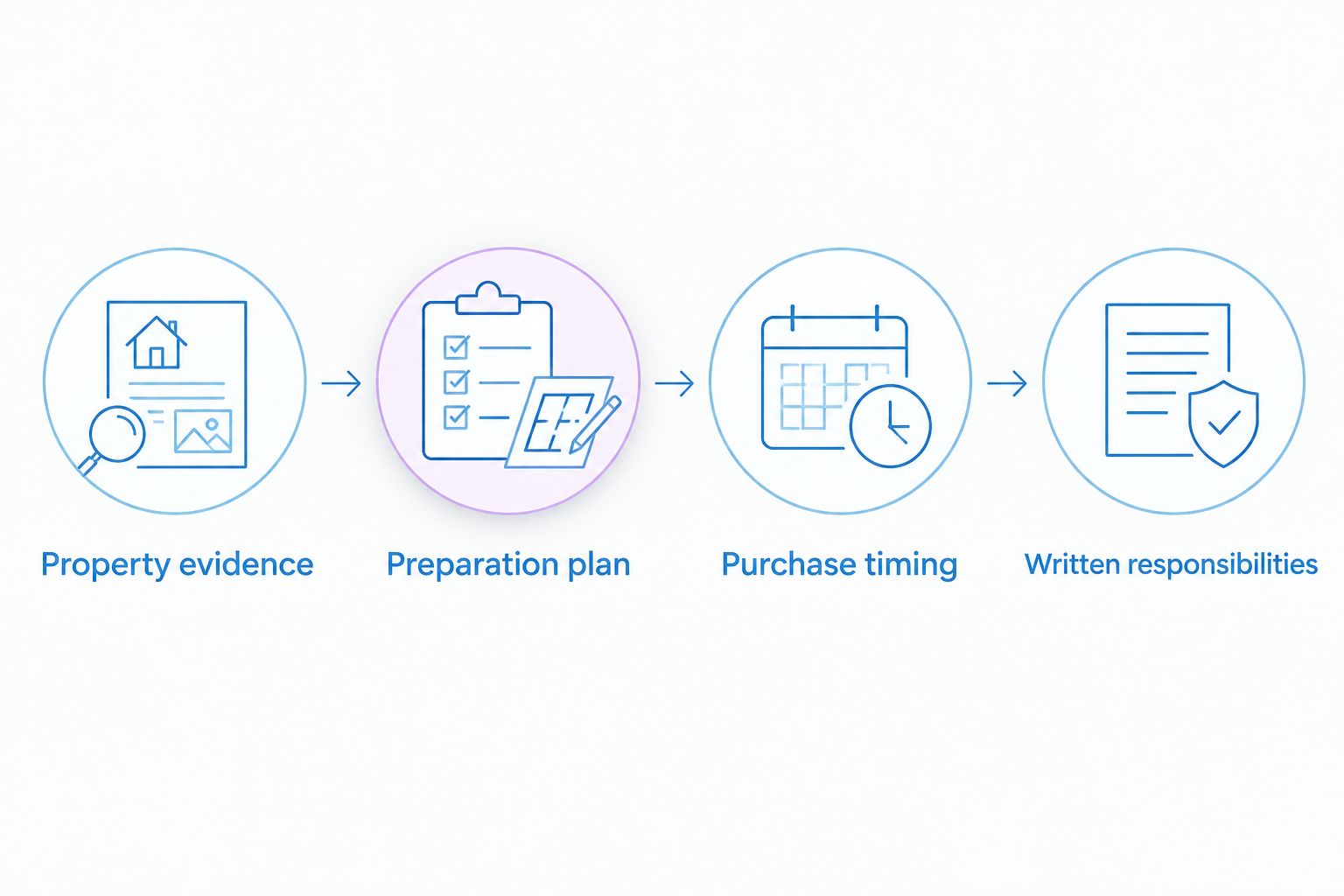 Four parts of an agent comparison: property evidence, preparation, purchase timing, and written responsibilities.