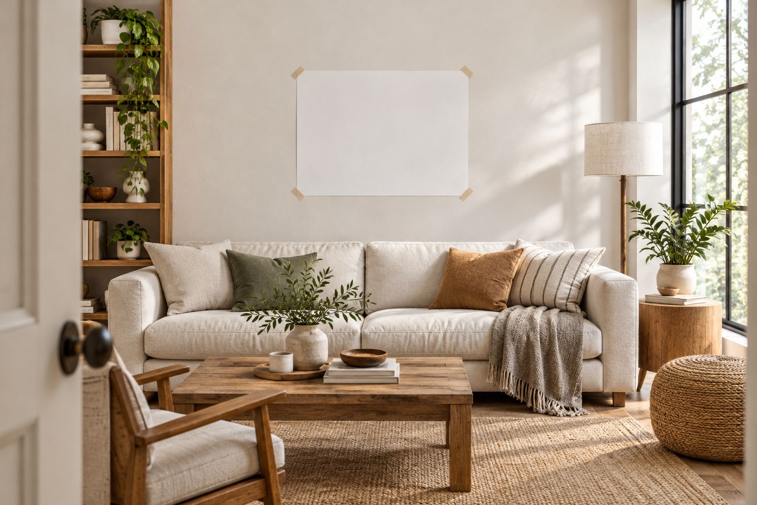 Full-size paper artwork template above a sofa, viewed from the room entrance