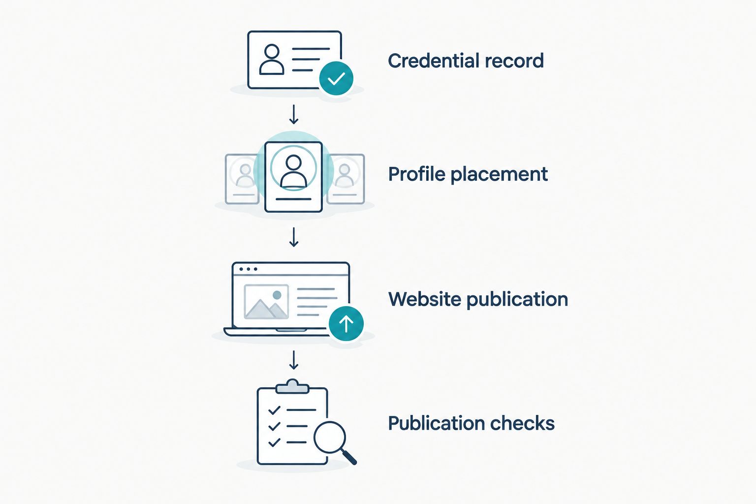 Four stages from verifying a credential record to checking the published website