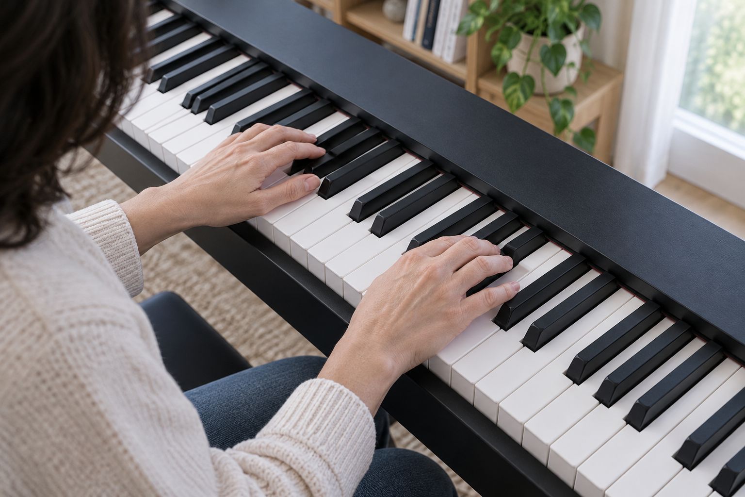 Hands exploring black-key groups as tactile landmarks on a piano keyboard.