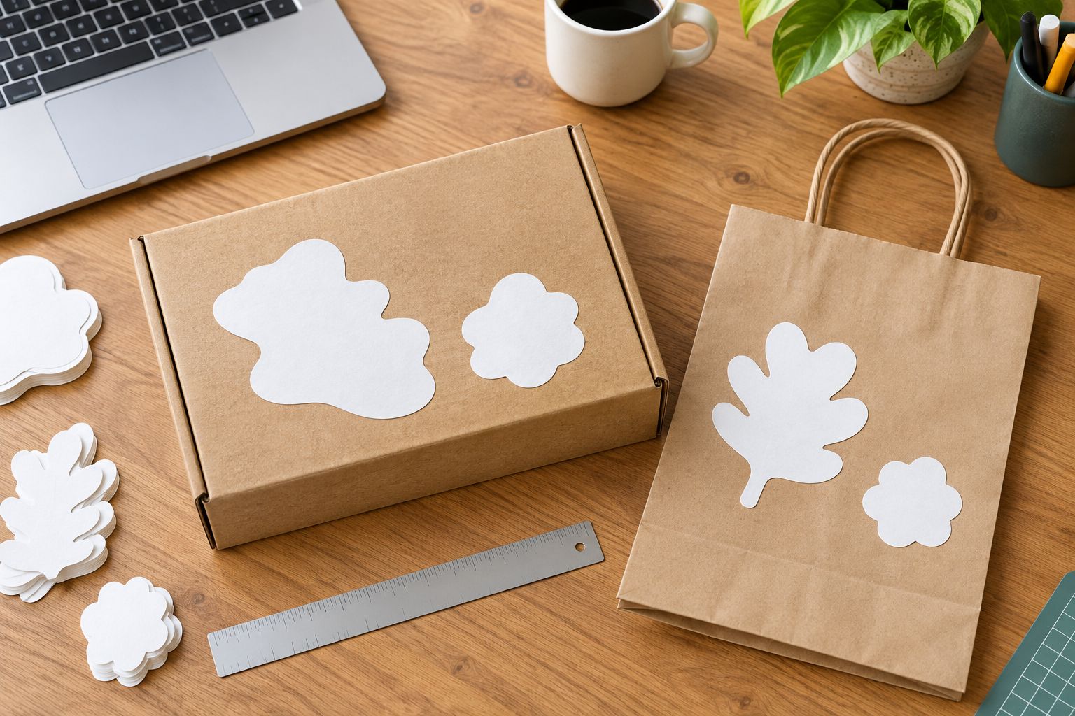 Paper sticker outlines positioned on a box and bag to check usable packaging space.