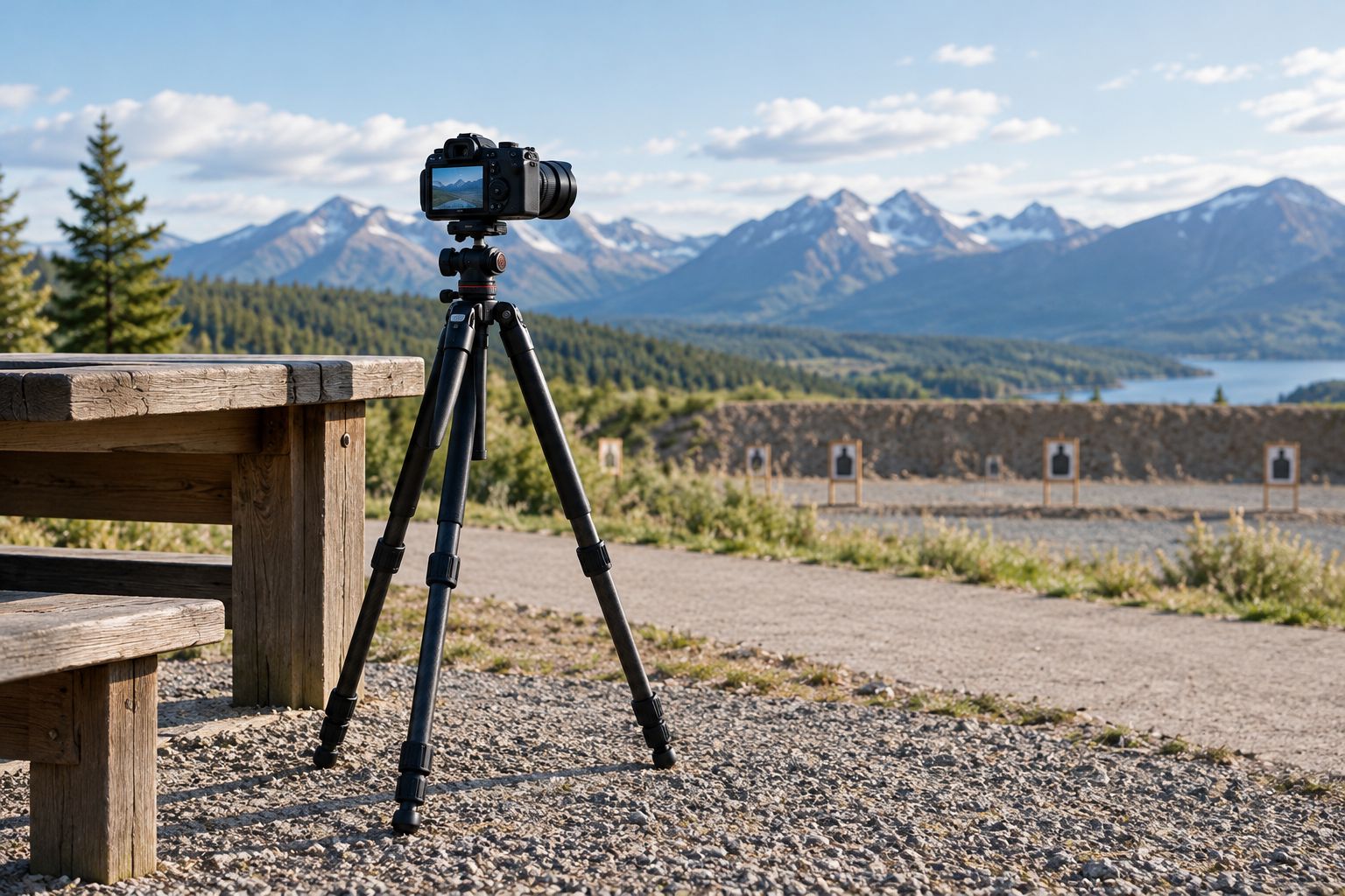Camera tripod beside a range bench with secure foot placement and a clear walkway