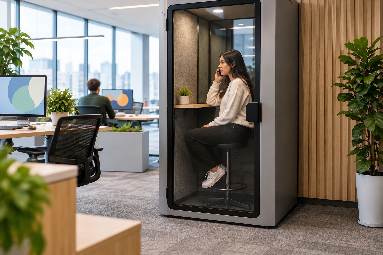 An individual taking a call inside an unbranded office phone booth in a shared workplace