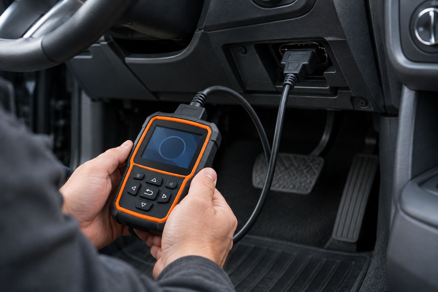 Handheld diagnostic reader connected beneath a parked car's dashboard