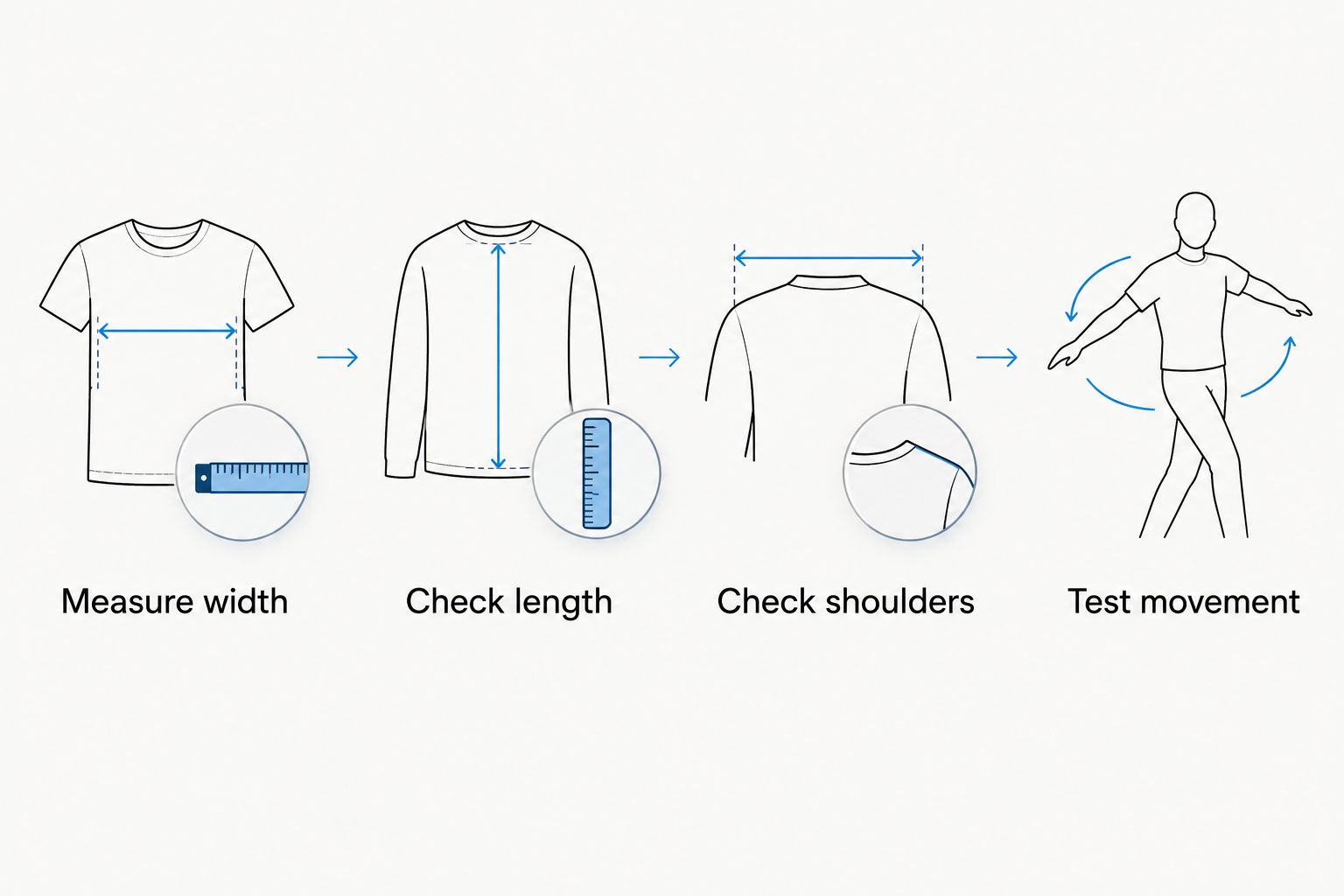 Four fit checks covering width, length, shoulders and movement