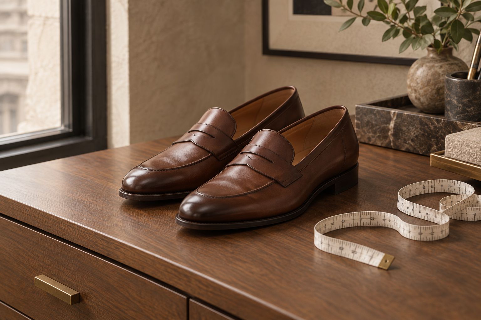 Pair of rounded-toe loafers with a low vamp next to a measuring tape