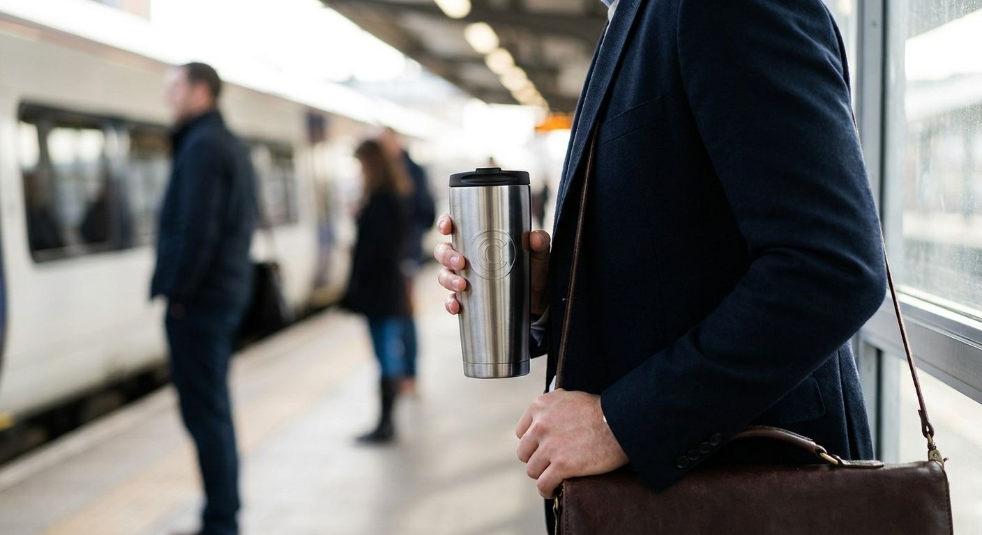 Branded travel mugs for corporate commuters