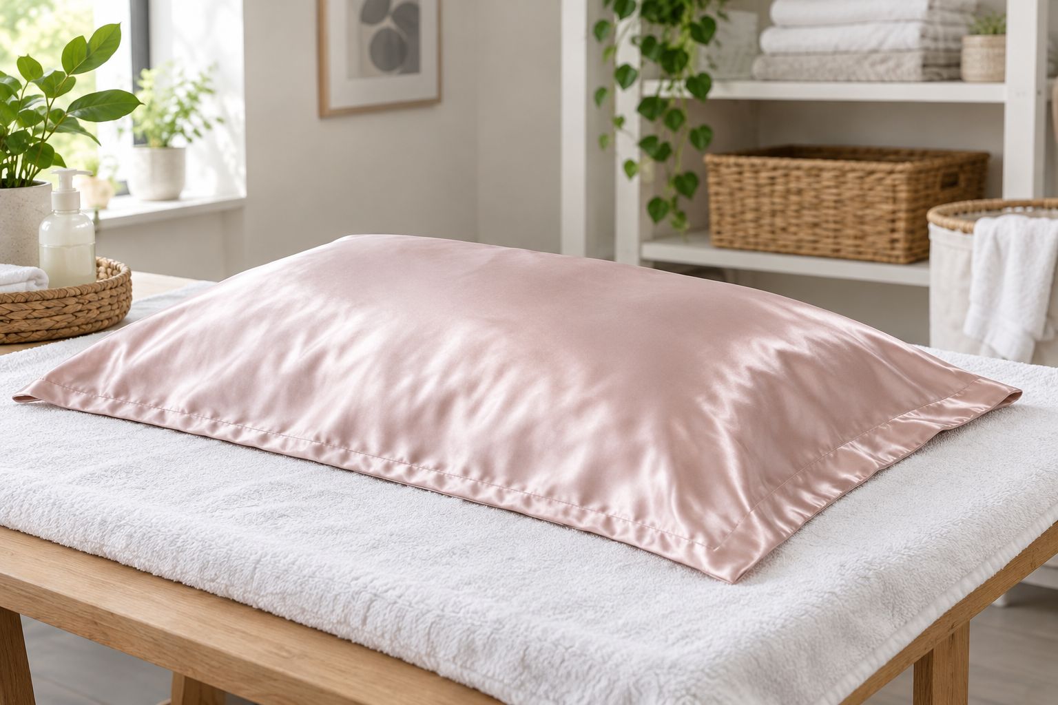 Silk pillowcase supported on a clean towel in a shaded, ventilated laundry room