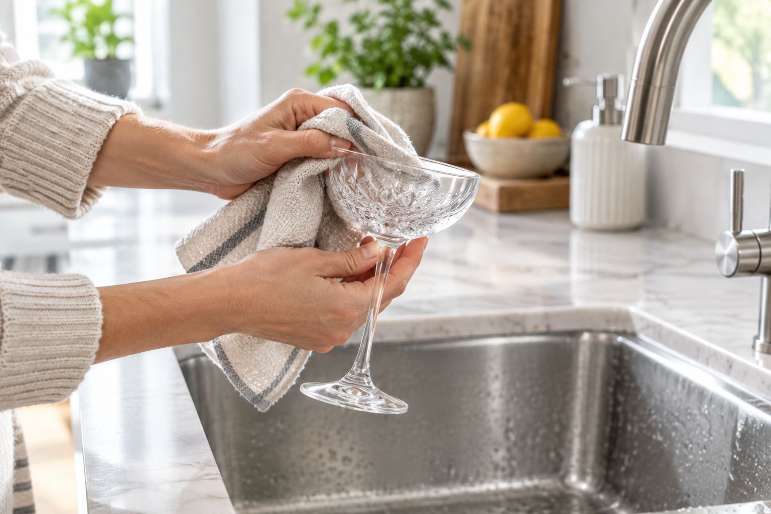 Hands supporting a cocktail glass bowl during gentle hand-washing