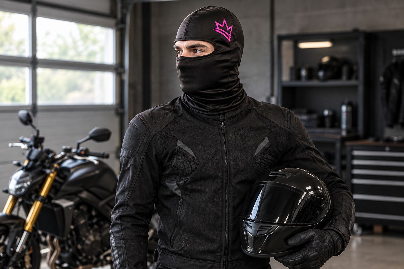 Rider wearing a silk balaclava beside a motorcycle before putting on a helmet