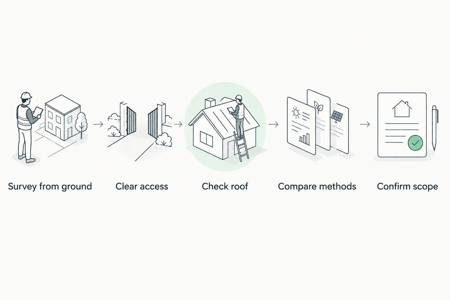 Steps from a ground-level survey through access, roof review, method selection and scope confirmation