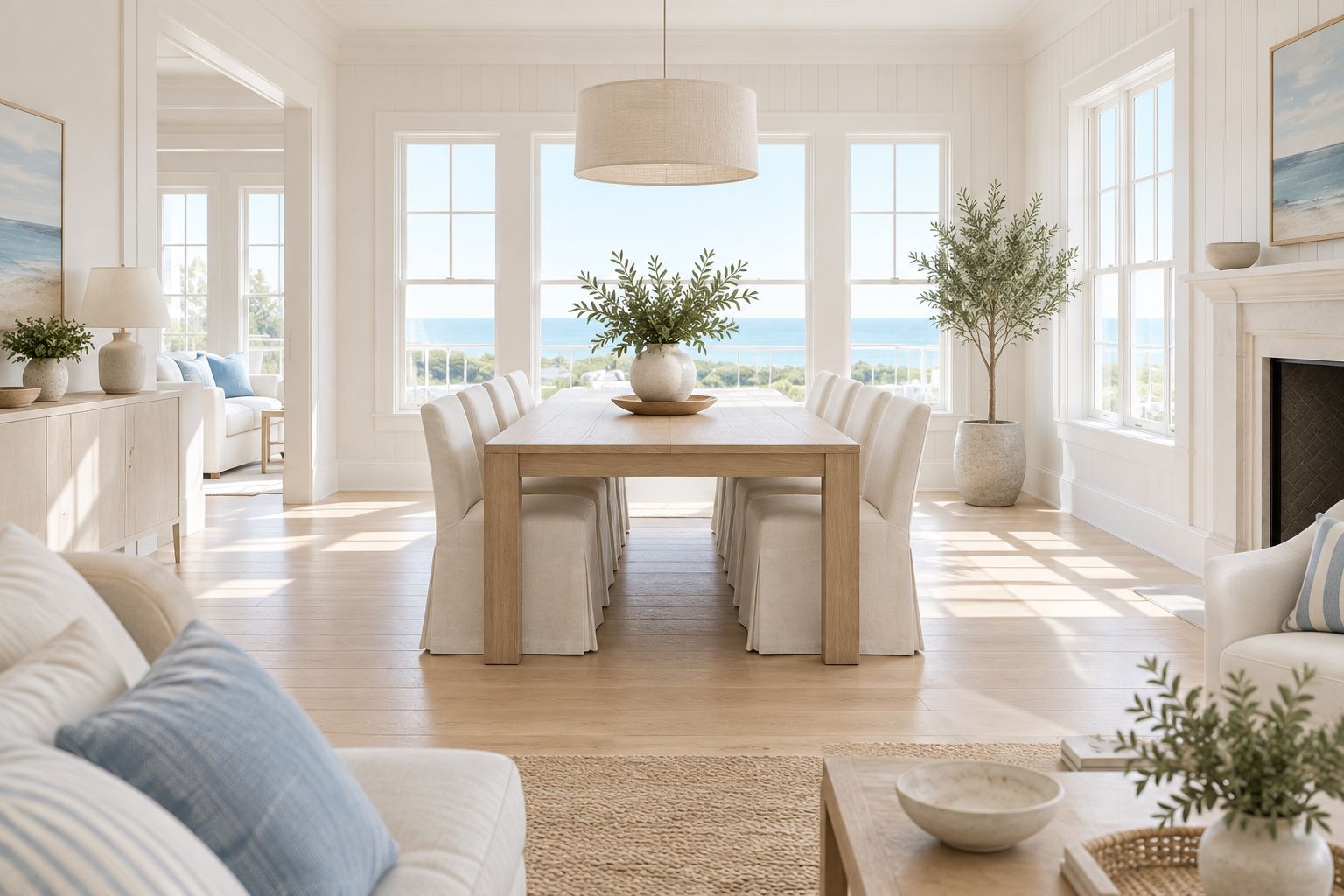 Pale oak dining table with linen chairs in a Hamptons-style room
