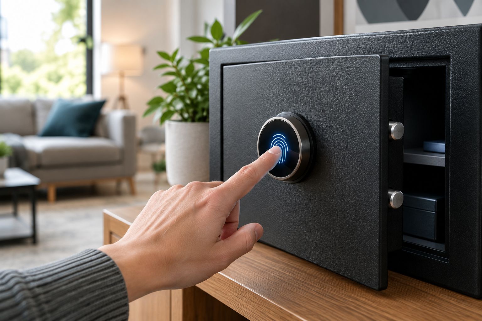 Hand scanning a fingerprint on a biometric safe lock